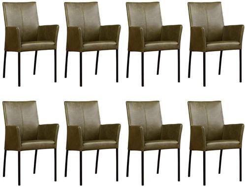 Set van 8 Olijfgroene leren moderne eetkamerstoelen -, Maison & Meubles, Chaises, Enlèvement ou Envoi