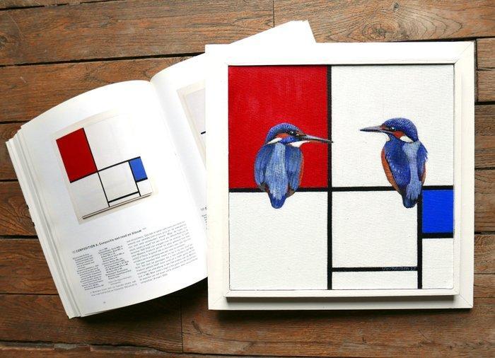Jos Verheugen - Free after Mondrian, with Kingfishers, Antiek en Kunst, Kunst | Schilderijen | Modern