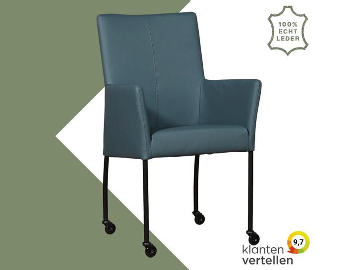 Leren eetkamerstoel Comfort met wieltjes en armleuning -, Huis en Inrichting, Stoelen, Blauw, Eén, Nieuw, Leer, Ophalen of Verzenden