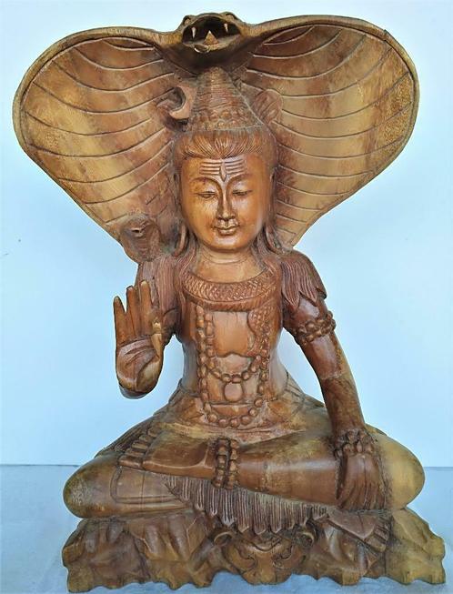Boeddha gezeten onder Cobrahoofd, Ubud, Bali, Antiquités & Art, Art | Sculptures & Bois, Enlèvement ou Envoi