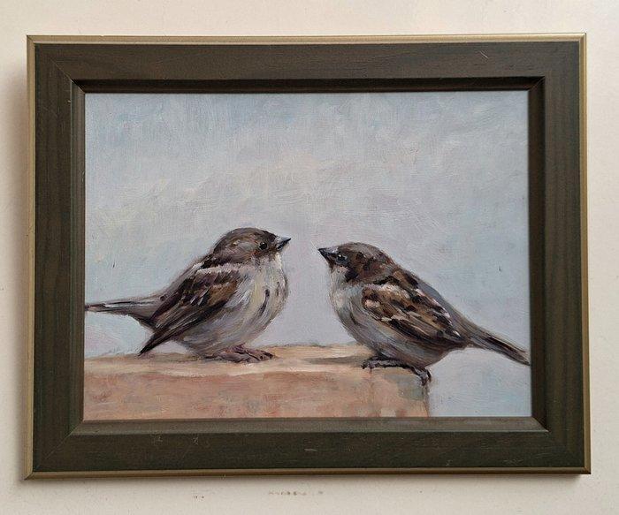 J.J.Mijnsbergen (1945) - Musjes op het dak, Antiek en Kunst, Kunst | Schilderijen | Klassiek