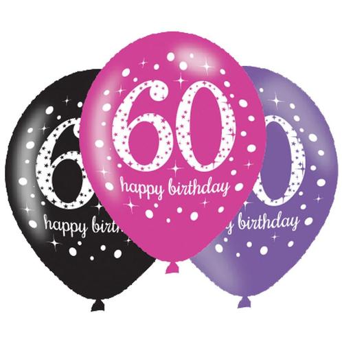 Ballonnen 60 Jaar Happy Birthday Roze 27,5cm 6st, Hobby en Vrije tijd, Feestartikelen, Nieuw, Verzenden