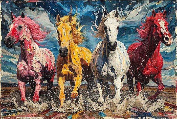 I_KONIQ - Multicoloured Horses free ride, Antiquités & Art, Curiosités & Brocante