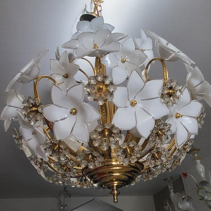 Lampe à suspendre - Laiton doré - Lampadario avec des fleurs, Antiek en Kunst, Curiosa en Brocante