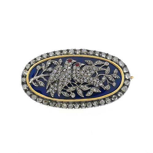 Antiek gouden broche met diamanten en robijn | Ca. 0,81 ct., Handtassen en Accessoires, Broches, Overige kleuren, Gebruikt, Met edelsteen