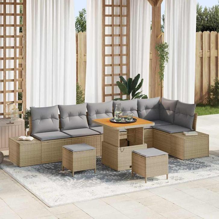 vidaXL Tuinbank Set met kussen 9 pcs Beige poly rattan, Tuin en Terras, Tuinsets en Loungesets, Nieuw, Verzenden