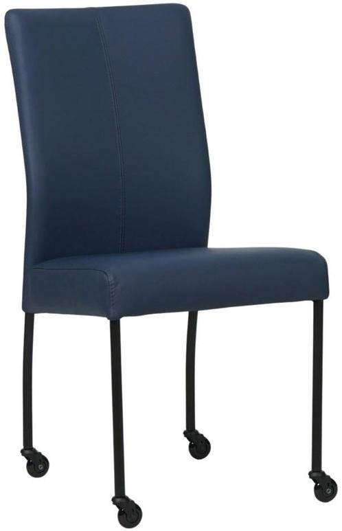 Blauwe leren moderne eetkamerstoel - poot rond zwart met, Huis en Inrichting, Stoelen, Overige kleuren, Eén, Nieuw, Leer, Ophalen of Verzenden