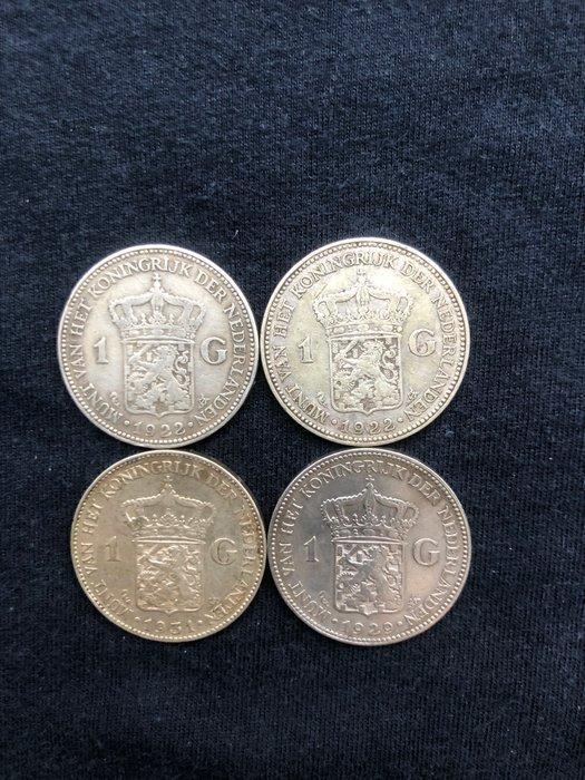Nederland. Wilhelmina. 1 Gulden 1922/1929/1931, 4 stuks, Postzegels en Munten, Munten | Nederland
