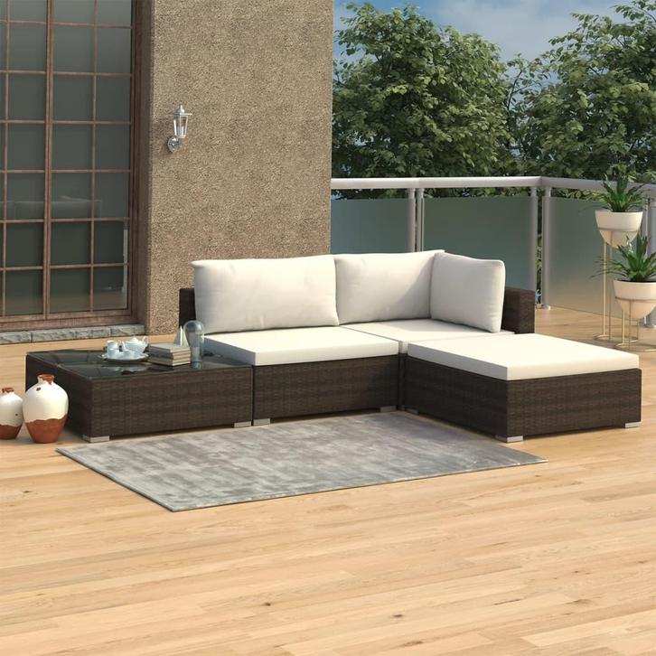 vidaXL 4-delige Loungeset met kussens poly rattan bruin, Tuin en Terras, Tuinsets en Loungesets, Loungeset, Nieuw, Verzenden