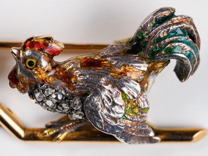 Broche - 18 karaat Geel goud, Zilver, Enamel Diamant, Handtassen en Accessoires, Antieke sieraden