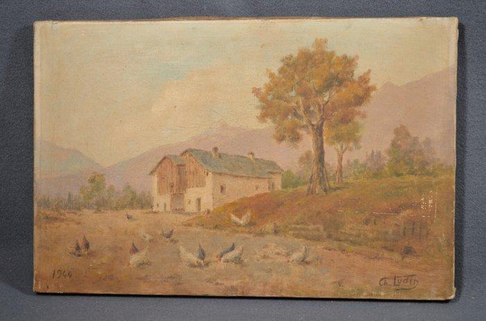 Charles Ludin (1867-1949) - Les poules dans la cour de ferme, Antiek en Kunst, Kunst | Schilderijen | Klassiek