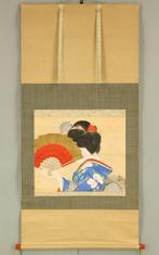 Beautiful Kimono Girl Maiko and Folding Fan - with signature