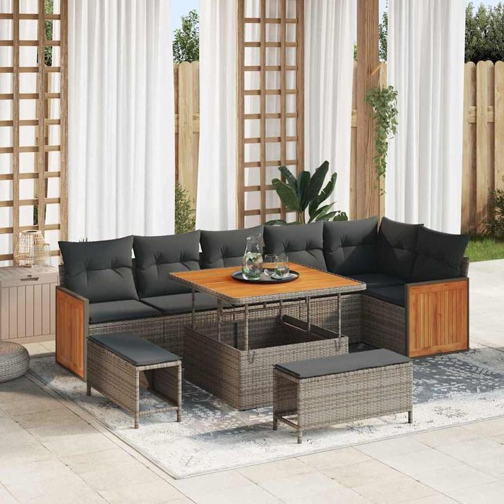 vidaXL Tuinbank Set 9 pcs Grijs Poly Riet en Poedergecoat, Tuin en Terras, Tuinsets en Loungesets, Nieuw, Verzenden
