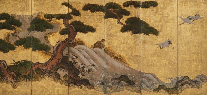 Byôbu  (vouwscherm) - Goudblad, gelakt hout, zijde, papier, Antiek en Kunst, Antiek | Overige Antiek