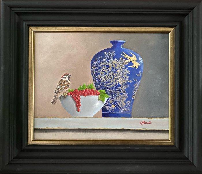 Ben Oude Breuil (1949) - Chinese vaas en musje op een kom, Antiek en Kunst, Kunst | Schilderijen | Klassiek