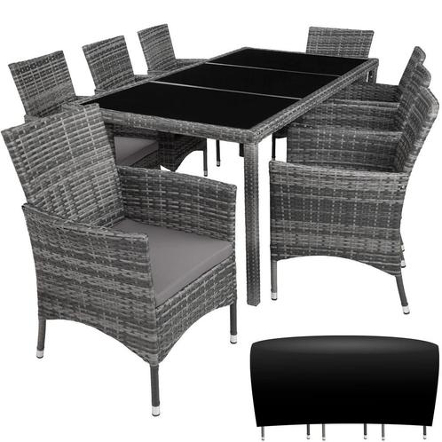 tectake Wicker zitgroep 8+1 met beschermhoes - grijsgevlekt/, Tuin en Terras, Tuinsets en Loungesets, Verzenden