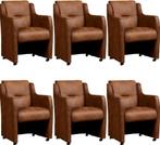 Set van 6 Bruine leren landelijke eetkamerfauteuils - Kenia, Huis en Inrichting, Stoelen, Overige kleuren, Nieuw, Leer, Ophalen of Verzenden