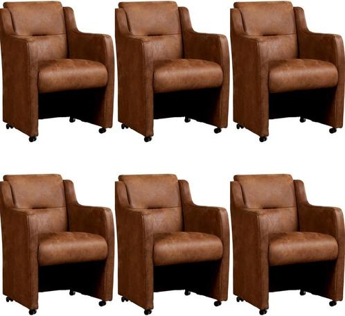 Set van 6 Bruine leren landelijke eetkamerfauteuils - Kenia, Huis en Inrichting, Stoelen, Overige kleuren, Vijf, Zes of meer stoelen