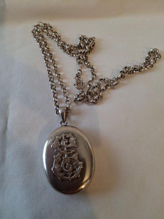 Zilver - Ketting met hanger - Medaillon antiek Zilver., Antiek en Kunst, Antiek | Zilver en Goud