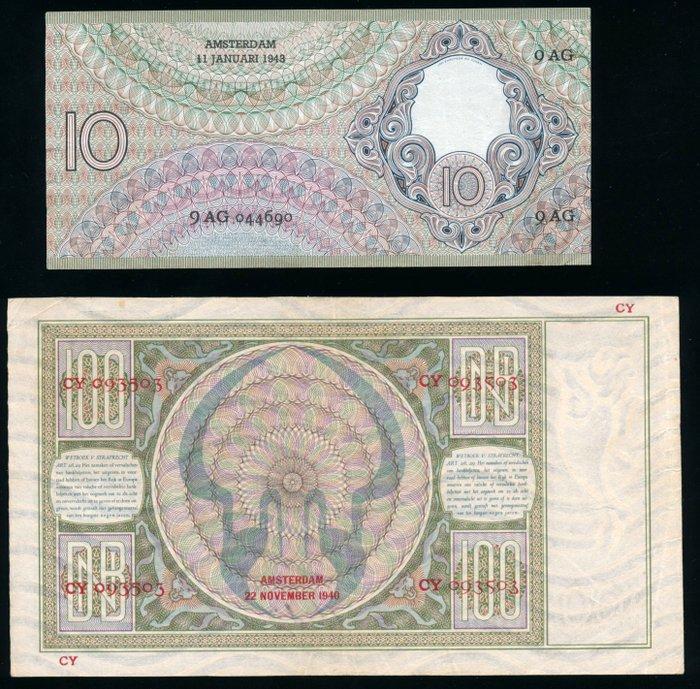 Nederland. - 10 and 100 Gulden 1940-1943 - PL40 and PL97.c2, Postzegels en Munten, Bankbiljetten | Europa | Niet-Eurobiljetten