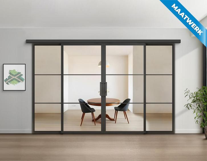 Dubbele stalen Schuifdeuren met koofsysteem en glaspanelen 3, Doe-het-zelf en Bouw, Raamkozijnen en Schuifdeuren, Nieuw, Inclusief glas