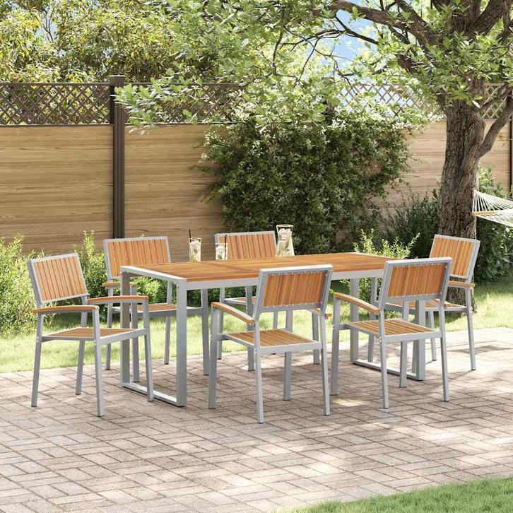 vidaXL Tuin Eettafel Set 7 pcs Grijs Massief Acacia Hout, Jardin & Terrasse, Tables de jardin, Envoi