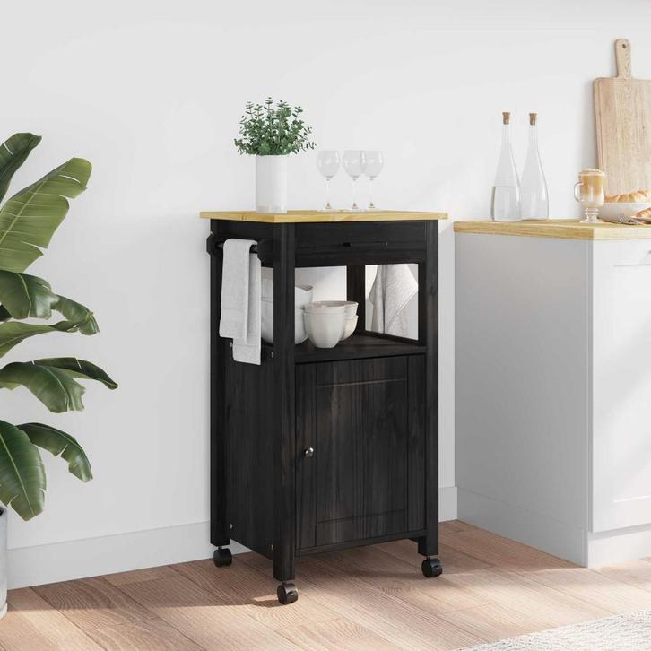 vidaXL Keuken Trolley Zwart 88,5 x 40 x 48 cm Massief, Huis en Inrichting, Keuken | Keukenbenodigdheden, Nieuw, Verzenden