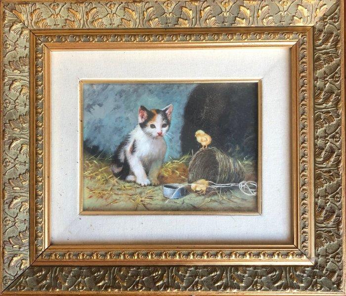 Eduardo Cerrone (1935-2010) - Gattino con pulcino, Antiquités & Art, Art | Peinture | Classique