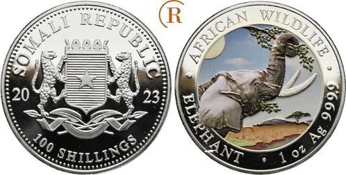 100 Shillings Elefant Farbausgabe 1unze Feinzilver 2023 S..., Postzegels en Munten, Munten en Bankbiljetten | Toebehoren, Verzenden