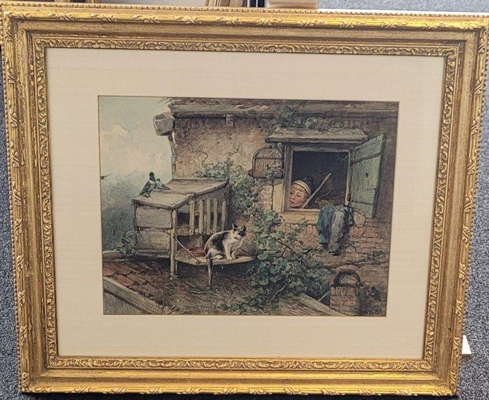 Mari ten Kate (1831-1910) - De poes bij de vogelkooi, Antiek en Kunst, Kunst | Schilderijen | Klassiek