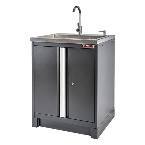 Werkplaatskast matzwart met 2 deuren, RVS wasbak, zeeppomp, Doe-het-zelf en Bouw, Werkbanken, Ophalen of Verzenden