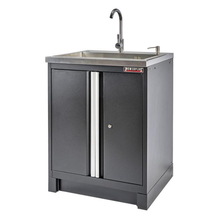 Werkplaatskast matzwart met 2 deuren, RVS wasbak, zeeppomp, Doe-het-zelf en Bouw, Werkbanken, Ophalen of Verzenden