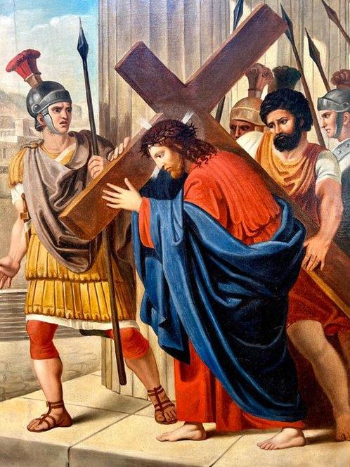Franse school (XVIII) - Gesù è aiutato dal Cireneo a portare, Antiek en Kunst, Kunst | Schilderijen | Klassiek
