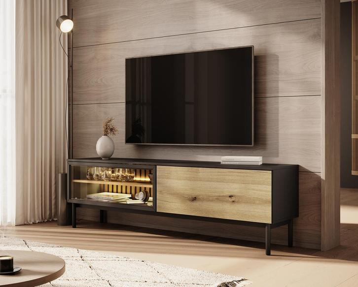 TV-Meubel zwart met eiken 180x39x55 met LED, Huis en Inrichting, Kasten |Televisiemeubels, 25 tot 50 cm, Nieuw, 150 tot 200 cm