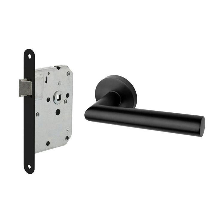 Deurbeslag set loopslot en deurklink Modern geveerd zwart, Doe-het-zelf en Bouw, Hang- en Sluitwerk, Klink of Kruk, Nieuw, Overige materialen