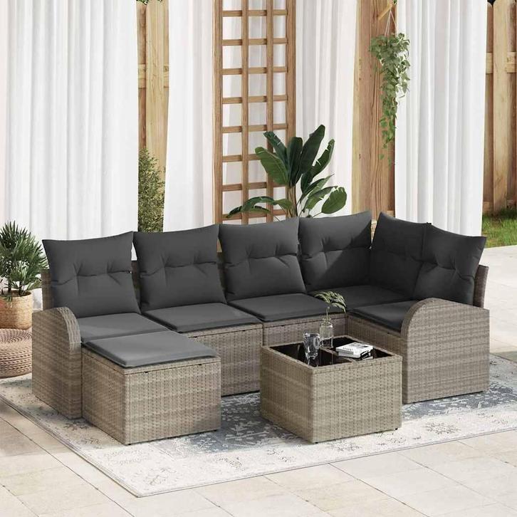 vidaXL Tuinbank Set met kussen 7 pcs Lichtgrijs Poly rattan, Tuin en Terras, Tuinsets en Loungesets, Nieuw, Verzenden