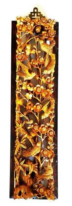 Chinese Carved And Gilded Wood Panel. Birds and Flowers -, Antiquités & Art