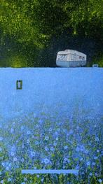 Paco Guzmán - Caravana sobre campo de flores azules, Antiek en Kunst