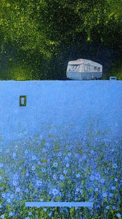 Paco Guzmán - Caravana sobre campo de flores azules, Antiek en Kunst, Kunst | Schilderijen | Modern