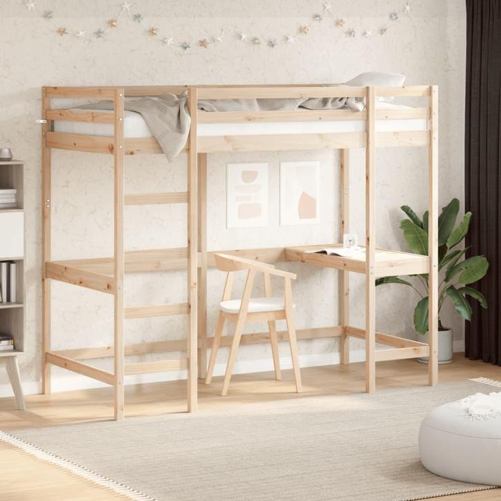 vidaXL Hoogslaper met bureau massief grenenhout 90x200 cm, Huis en Inrichting, Slaapkamer | Bedden, Nieuw, Verzenden