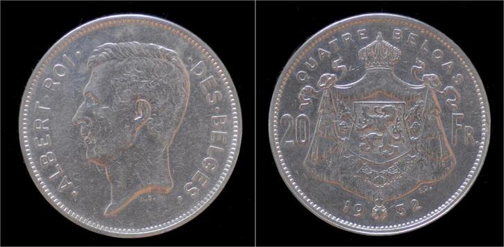 Belgium Albert I 20 frank (4belga) 1932fr-pos B nickel, Postzegels en Munten, Munten | Europa | Niet-Euromunten, België, Verzenden