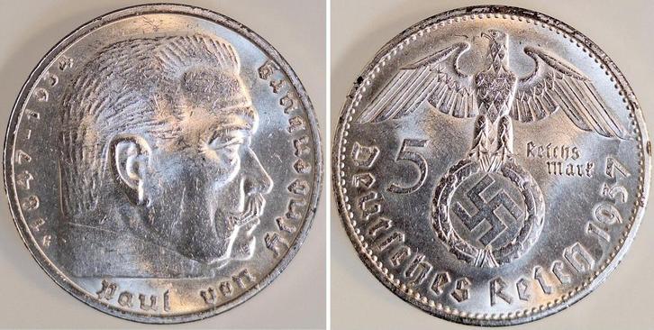 5 Mark Duitsland 5 Reichsmark Hindenburg 1937 G f prfr/f..., Postzegels en Munten, Munten | Europa | Niet-Euromunten, België, Verzenden