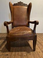 Fauteuil - Cuir, Bois - Fauteuil de trône en bois et cuir, Antiquités & Art