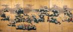 Byôbu  (paravent pliant) - Soie, Feuille dor, Bois laqué,, Antiek en Kunst