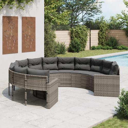 vidaXL Tuinbank met kussens rond poly rattan grijs, Tuin en Terras, Tuinsets en Loungesets, Nieuw, Verzenden