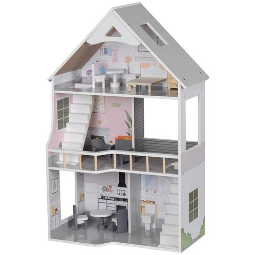 TRUUSK Houten Poppenhuis - 3 verdiepingen - 13 Meubelstukken, Kinderen en Baby's, Speelgoed | Buiten | Speelhuisjes, Verzenden