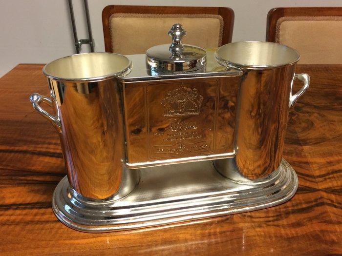 Wijnkoeler - Wijnkoeler voor twee flessen met een vak voor, Antiek en Kunst, Antiek | Meubels | Tafels