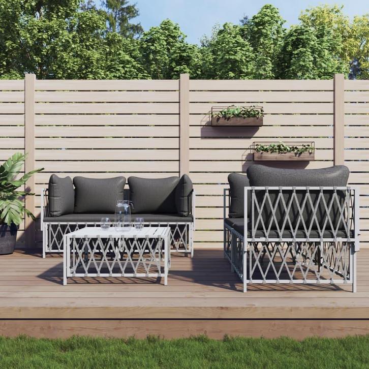 vidaXL 5-delige Loungeset met kussens staal wit, Tuin en Terras, Tuinsets en Loungesets, Loungeset, Nieuw, Verzenden