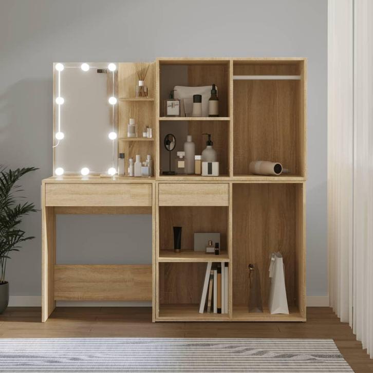 vidaXL Kaptafel met 2kastjes en LEDs bewerkt hout sonoma, Huis en Inrichting, Tafels | Kaptafels, Nieuw, Verzenden
