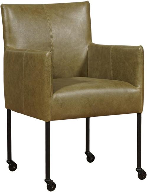 Olijfgroene leren moderne kuipstoel - poot rond zwart met, Huis en Inrichting, Stoelen, Overige kleuren, Eén, Nieuw, Leer, Ophalen of Verzenden